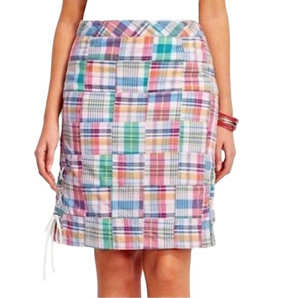 Talbots Madras Patchwork Plaid Side Zipper Lined Tie Accent Skirt 6 petite - Picture 1 of 10
